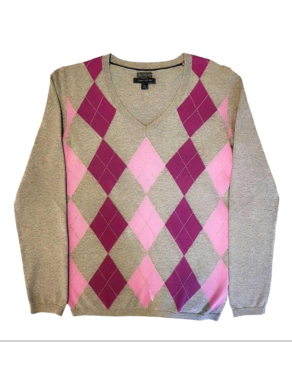 Tommy Hilfiger Y2K Argyle V-Neck Sweater Light Academia Pima Cotton Pink Small